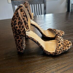Shiner sandals‎ heels cheetah print open toe ankle straps buckle chunky heels